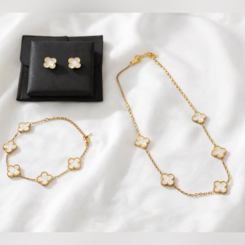 Set of 3 18k Gold Plated White/Gold Four-Leaf Clover Necklace Earring Bracelet